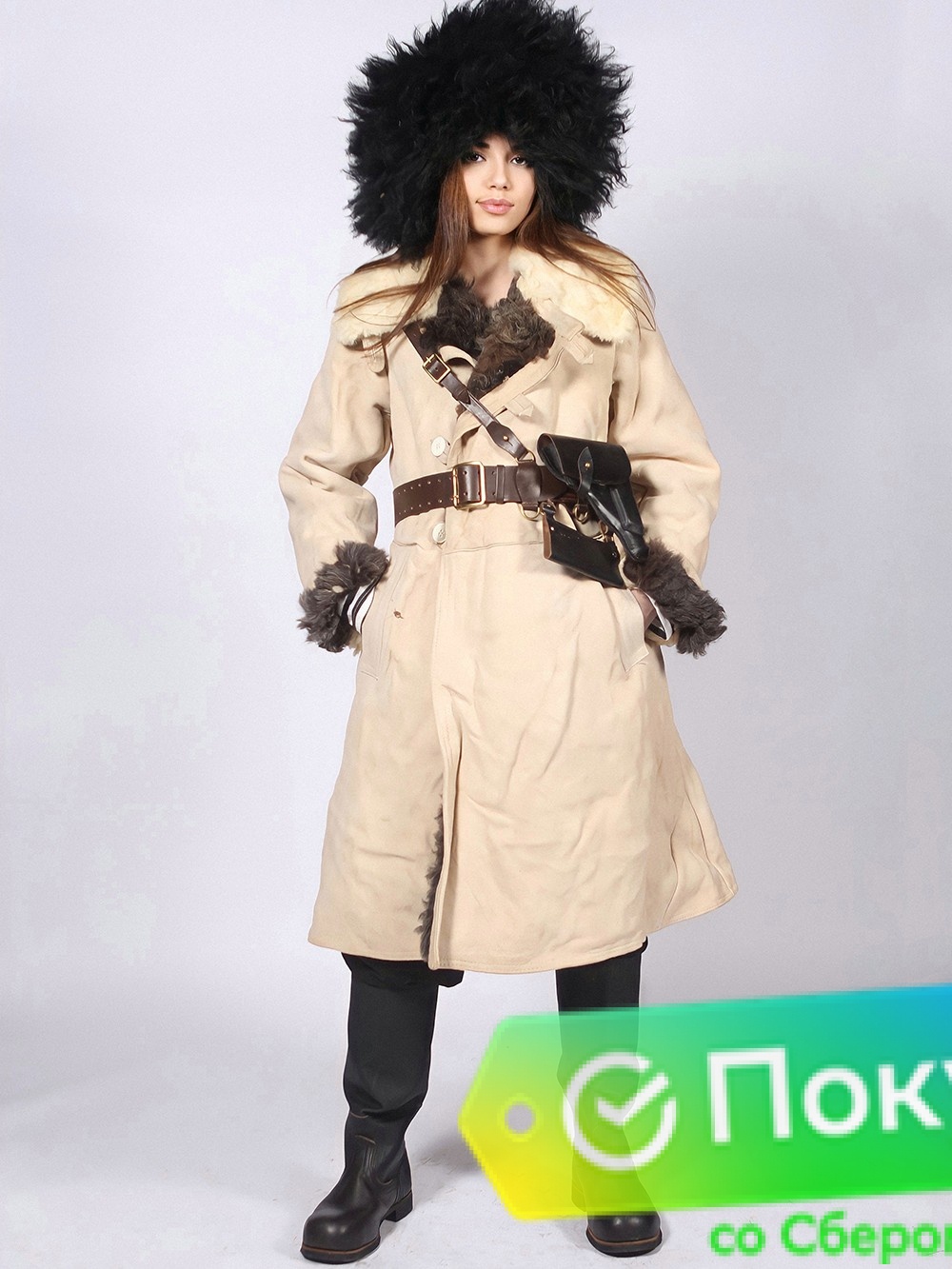 Армейский меховой полушубок (бекеша) из нагольной овчины белого цвета с тёмным мехом Армейский меховой полушубок (бекеша) из нагольной овчины белого цвета с тёмным мехом